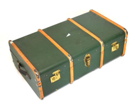 Mid 20th Century cabin trunk, 93cm wide   Condition: No key, some surface scratches and marks, the leather hinge to the rear 