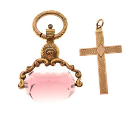 Yellow metal cross pendant stamped 9ct, together with a Victorian gilt metal swivel fob (2)   Condition: Some wear to gilding