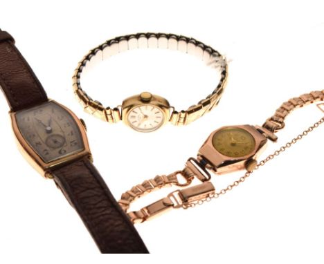 Mid 20th Century 9ct gold Art Deco-style wristwatch, the tonneau-shaped Arabic dial with subsidiary above 6, manual wind move