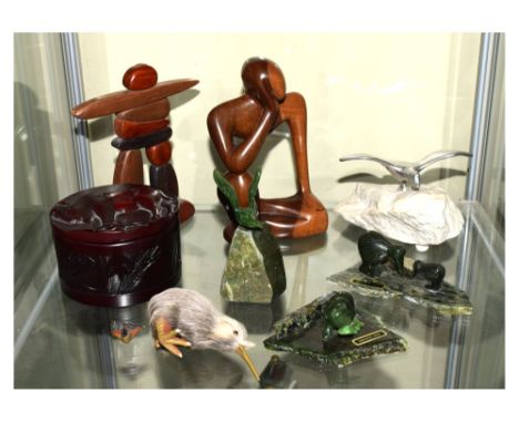 Collection of novelty tourist wares, including; resin box moulded with a buffalo and modern jade desk ornaments   Condition: 