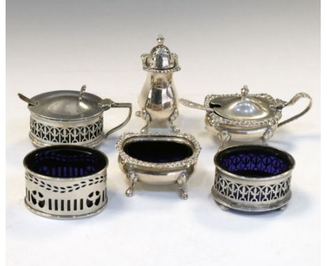 Elizabeth II three piece silver condiment set, Birmingham 1994, two piece George VI silver condiment set, Birmingham 1946, an