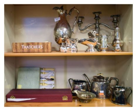 Assorted silver-plated items to include Victorian bulbous hot-water jug, Christening mug, three-piece tea service, cased serv