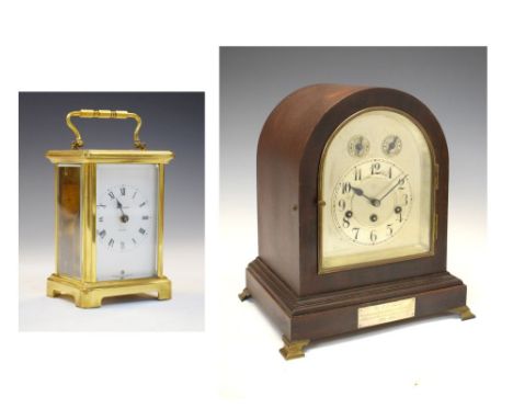 Junghans - Early 20th Century mahogany cased chiming mantel clock, together with a brass cased carriage timepiece with 8-day 