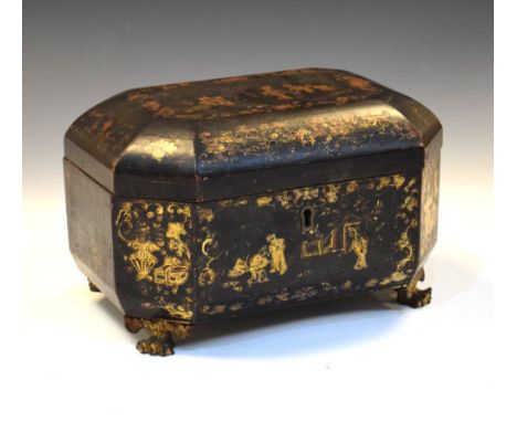 Early 19th Century paper-mâché tea caddy, typical Oriental decoration,  24cm wide x 14cm high   Condition: Loss of decoration