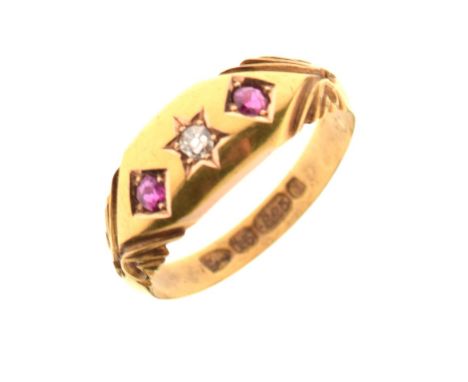 Late Victorian 15ct gold, ruby and diamond three-stone dress ring, Chester 1892, size N, 2.9g gross approx   Condition: **Due