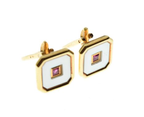 Fred (Paris) - Pair of yellow metal, ruby and mother-of-pearl cufflinks, stamped verso Fred 750, 7.2g gross approx, in box of