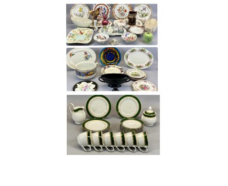 A DOULTON GREEN MARBLE TEA SERVICE, a Wedgwood Black Basalt two-handled flower bowl, a Woods Limited Indian Tree rectangular 