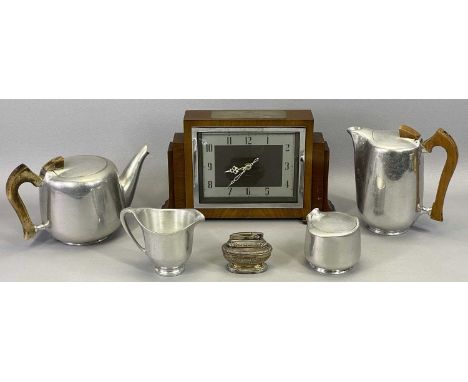 PIQUOT WARE ALUMINIUM 4 PIECE TEA SERVICE and an Ingersoll walnut cased mantel clock with inscription 'From the Officer's Sch