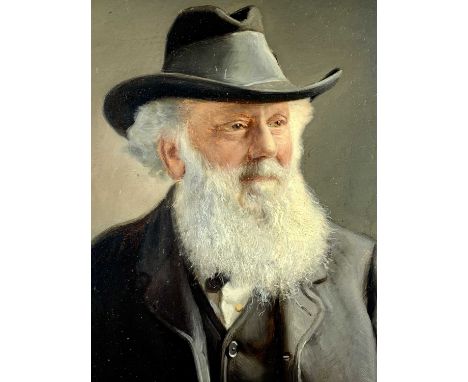 ATTRIBUTED TO C E BUTLER oil on panel - late 19th/early 20th century portrait of a bearded man wearing a suit and felt hat, u