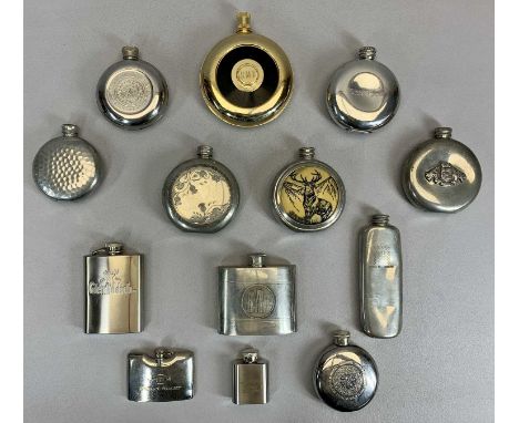 VINTAGE &amp; LATER CIRCULAR &amp; OTHER HIP FLASK COLLECTION (13) - silver plated, pewter and other metals with advertising 