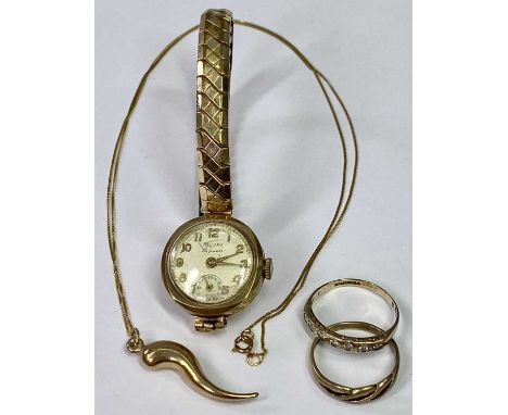 9CT GOLD STAMPED LADY'S JEWELLERY - 3 items and a Rotary 9ct gold cased lady's wristwatch with metal expanding bracelet, the 