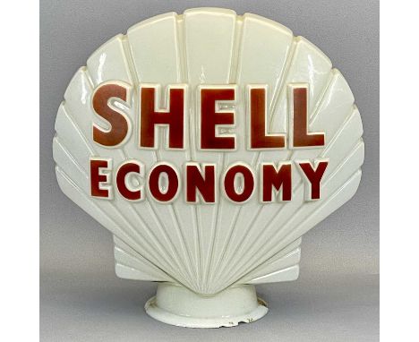 SHELL ECONOMY ADVERTISING GLASS PETROL PUMP GLOBE in the form of a shell with raised red lettering, 44cms H, 44cms W