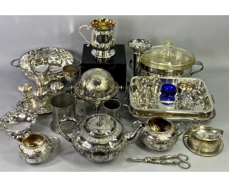 VICTORIAN & LATER EPNS & OTHER PLATED WARE, A GOOD COLLECTION to include a three piece squat form tea service with floral dec