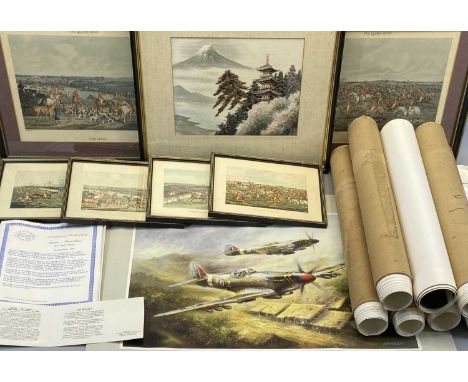 JAPANESE SILKWORK PICTURE - 20 x 27.5cms, various hunting prints and a collection of unframed prints by Jim Mitchell