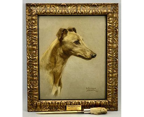 AMENDED DESCRIPTION; WILFRED HIGGINS oil on board - head and shoulder portrait of a greyhound 'Swinging Light' winner of the 