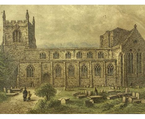 COLOUR ETCHING 19TH CENTURY - Bangor Cathedral, in maple frame, 24.5 x 31cms overall
