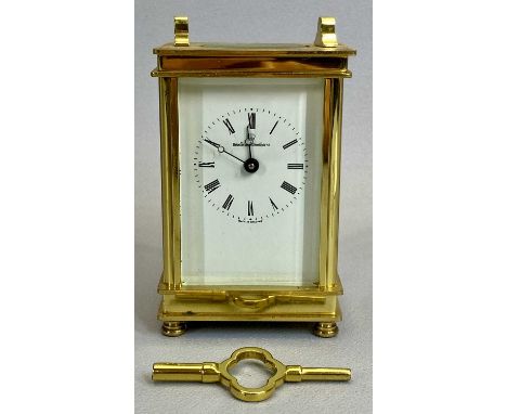 BOODLE &amp; DUNTHORNE BRASS CASED CARRIAGE CLOCK - white enamel dial with black Roman numerals (missing handle), 13cms H