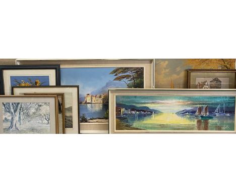 RUOLLO contemporary acrylic oil painting on canvas - Mediterranean coastal view, signed lower left, 49.5 x 100cms, contempora
