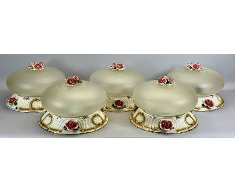 CIRCULAR ENCLOSED CEILING LIGHT FITTINGS - a set of 5, opaque glass shades with Capodimonte style floral encrusted fittings, 