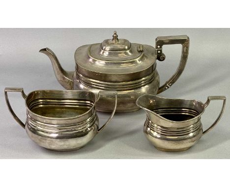 4 PIECE EPNS TEA SERVICE of plain oval form, EPNS circular two-handled punch bowl, 29cms diameter and EPBM helmet shaped suga