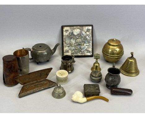 A LIPTONS BRITISH EMPIRE EXHIBITION 1924 TEA CADDY, a vintage brass counter bell, plated stirrup cup in leather case, ETC