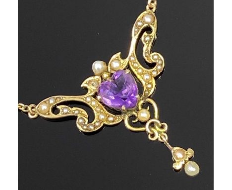 ANTIQUE 9CT SEED PEARL &amp; AMETHYST ART NOUVEAU STYLE PENDANT on a believed 9ct gold fine link necklace with base metal jum