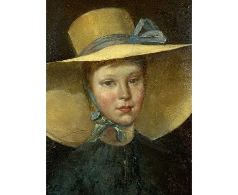 19TH CENTURY oil on canvas, possibly Irish School - head and shoulder portrait of a young lady wearing a wide brimmed hat wit