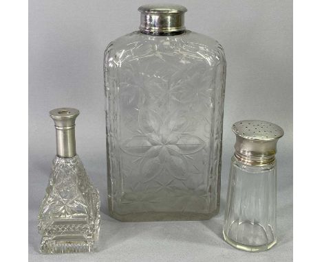 SILVER MOUNTED GLASSWARE, 3 ITEMS - to include a large flask/bottle, Birmingham 1907 hallmarks to the circular lid, neck coll