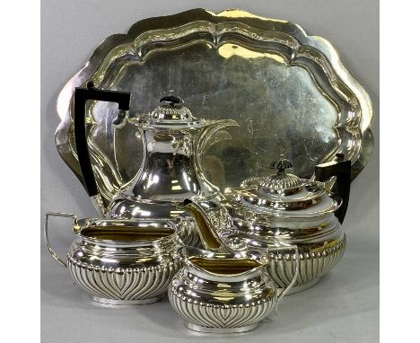 4 PIECE EPNS TEA &amp; COFFEE SERVICE - on a shaped border tray, near matching, 30cms across the teapot, 23.5cms H the coffee