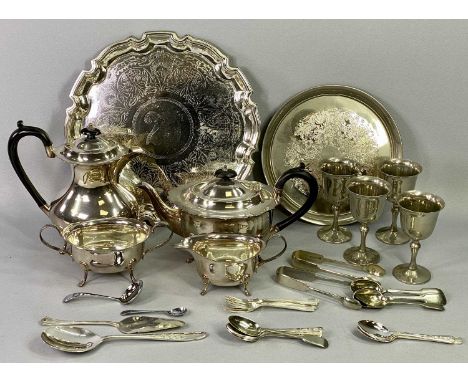 MIXED EPNS TABLEWARE &amp; CUTLERY - to include a four piece tea service with ebonised handles, two circular serving trays, f