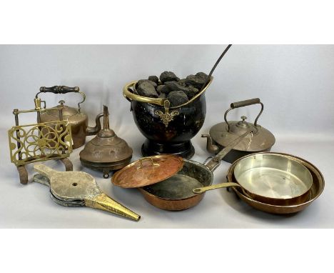 VICTORIAN COPPER KETTLE - of squat circular form, 24cms H, another oval copper kettle with turned wooden handle, 27cms H, bra