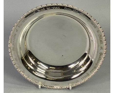 SHEFFIELD SILVER PRESENTATION DISH - date stamped 1914, Maker Atkin Brothers, 17.25cms diameter, engraved to the outer border