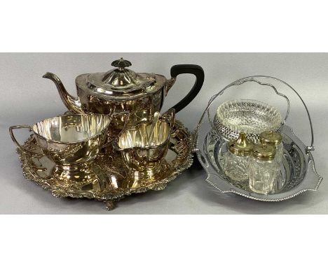 EP &amp; OTHER PLATED METALWARE to include a three piece EPNS tea service, non-associated circular tray, chrome breadbasket, 