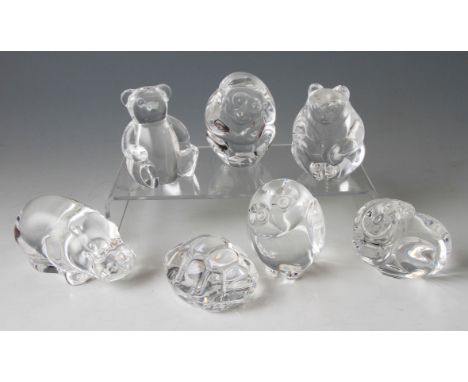 A group of seven Steuben clear glass animals including; Hippo, owls, bear, monkey, tortoise etc.