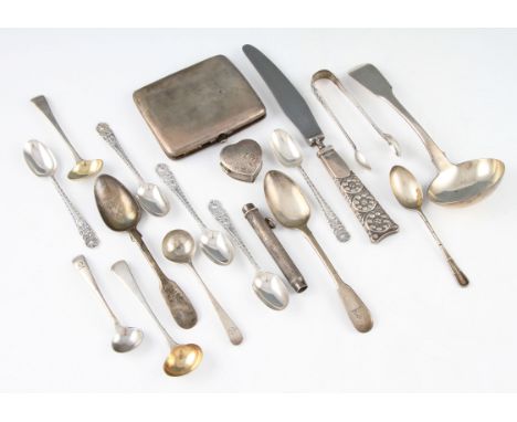 A collection of silverware to include a George III silver ladle, hallmarked London 1815, a pair of George III silver gilded b