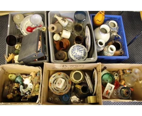 Six cartons of mixed ornaments, ceramics, bisque and other figures, glass bowls and vases, EPNS topped claret jug, bird and o