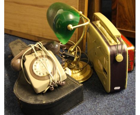 A lot to include bankers lamp, radio, banjo in case, telephone, floor standing metal lamp etc.