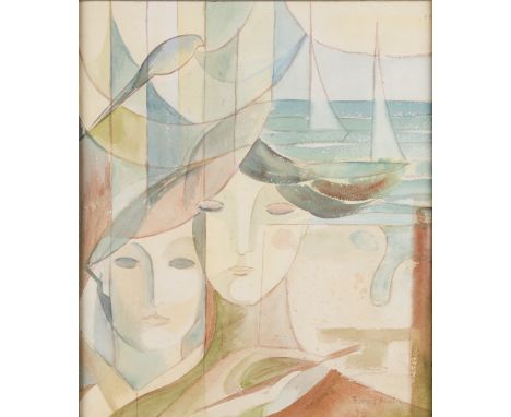 Circle of FRANCIS PICABIA (1879 - 1953) Framed, signed, watercolour on paper, figures before boats on seascape, 55.7cm x 47.5