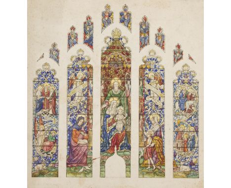 JOHN HARDMAN &amp; CO. STUDIO. Unframed, ink and watercolour on paper, stained glass window design, five lights with ten trac