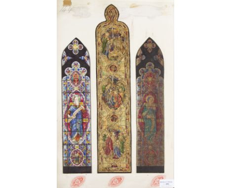 JOHN HARDMAN & CO. STUDIO. Unframed, ink and watercolour on paper, stained glass window design, for 'Newport U.S.A.', three l