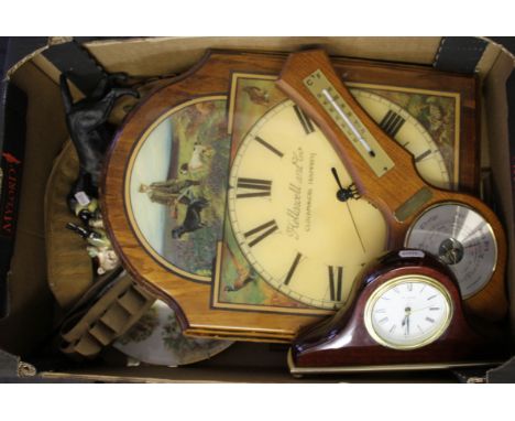 A lot of assorted prints, gilt framed mirror, two clocks, barometer etc.