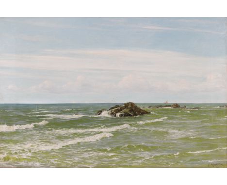 HARRY MUSGRAVE (1854 - 1935) Framed, signed, dated 1881, oil on canvas, seascape with waves crashing on rocky island and sail