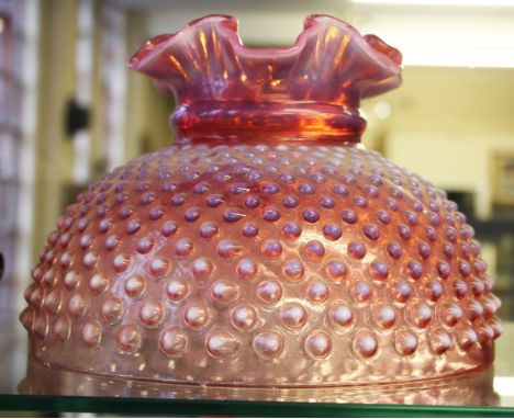 An American cranberry vaseline glass lamp shade with dot design and crimped rim, A/F to rim.