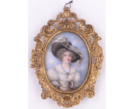 19th century miniature watercolour,
Portrait of a lady wearing a feather trimmed hat, unsigned, 3" x 2.5", gilded ormolu fram