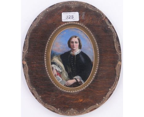 19th century oil on paper,
portrait of a lady, unsigned, 5" x 3.75" framed