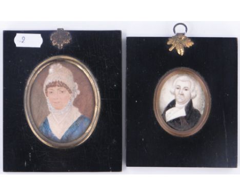 18th century miniature watercolour on ivory,
Portrait of a gentleman, unsigned, 2" x 1.5", & a 19th century watercolour portr