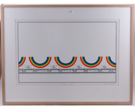Patrick Hughes
Colour lithograph Rainbows on a train, signed in pencil, dated 1980, No. 22 / 150, i 19" x 31! framed