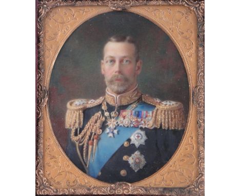 A Detailed miniature watercolour portrait of George V,
unsigned, 2.75" x 2.25", in leather case
