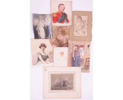 Folder of watercolours & oil paintings,
including an unsigned oval oil, classical figures, 13" x 10", Margaret Tunn watercolo