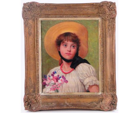 19th/20th century Oil on board
Portrait of a flower girl, unsigned, 12" x 9" framed